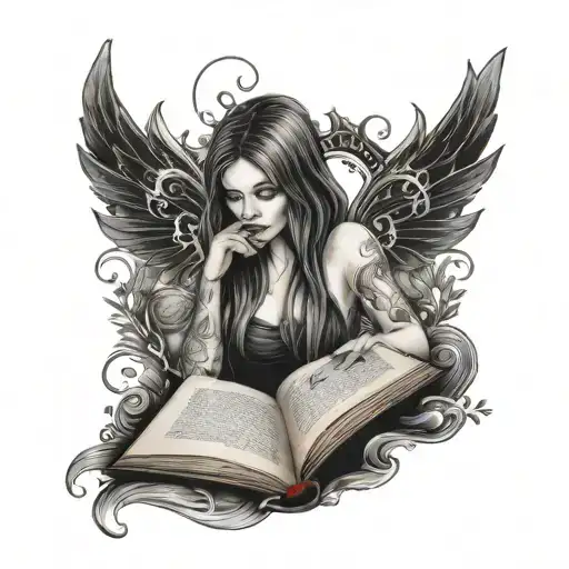 gothic fairy reading a book with the words mom 31/7/70 27/7/24 tattoo design idea