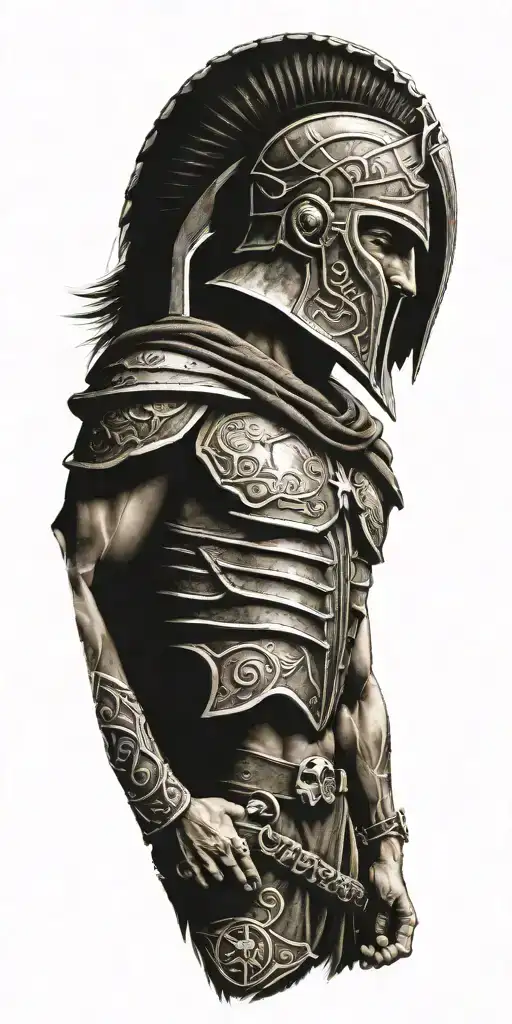 Spartan theme full sleeve featuring a collage tattoo design idea