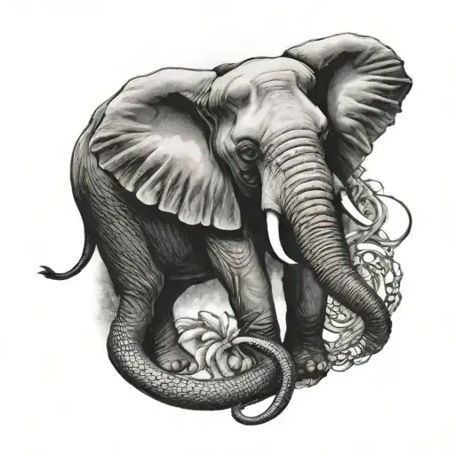 medium sized elephant with a small/ medium sized snake tattoo design idea