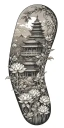 buddhist inpired tattoo with scenary of nature, bamboo, water, and with lotus, koi fish, and small budda and mandalas tattoo design idea