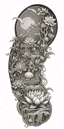 buddhist inpired tattoo with scenary of nature, bamboo, water, and with lotus, koi fish, and small budda and mandalas tattoo design idea