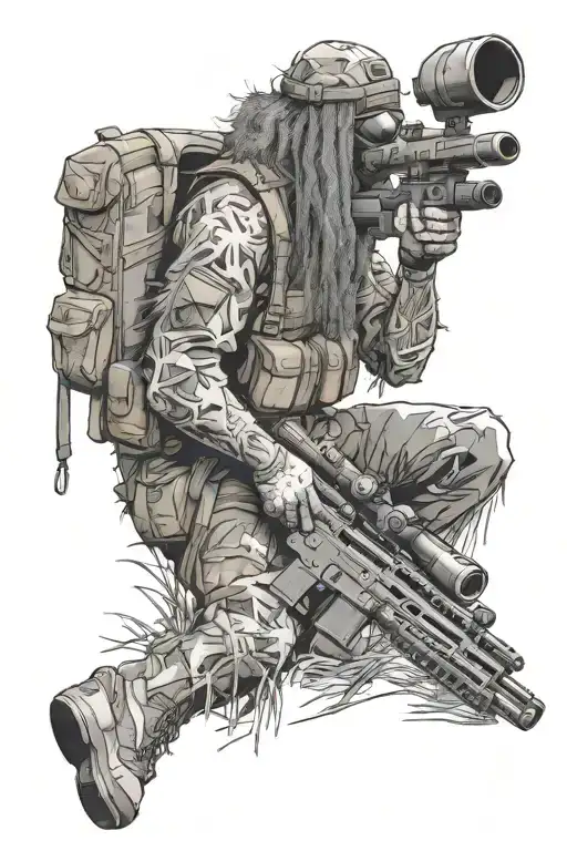 sniper in ghillie suit with rifle surrounded tattoo design idea