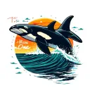 "Try Missing One" beach sunset, orca leaping tattoo design idea