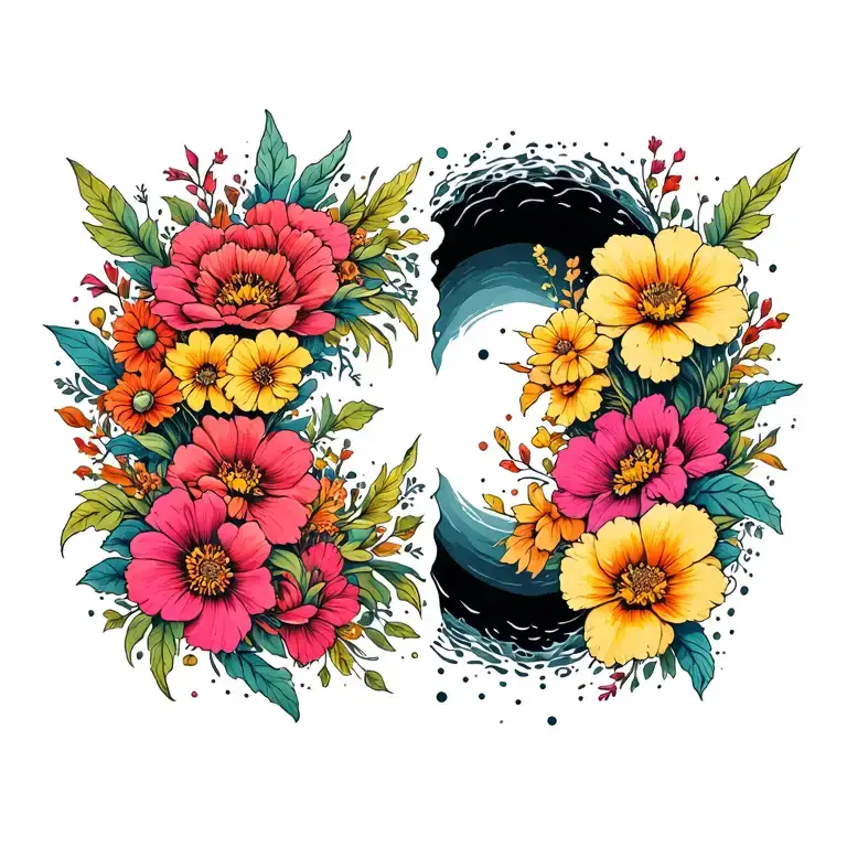 floral decaying into black hole, coming out the other side vibrant and alive - symbolizing a beautiful second marriage  tattoo design idea