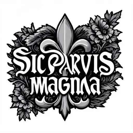 Fleur-de-lis with sic parvis magna text tattoo design idea