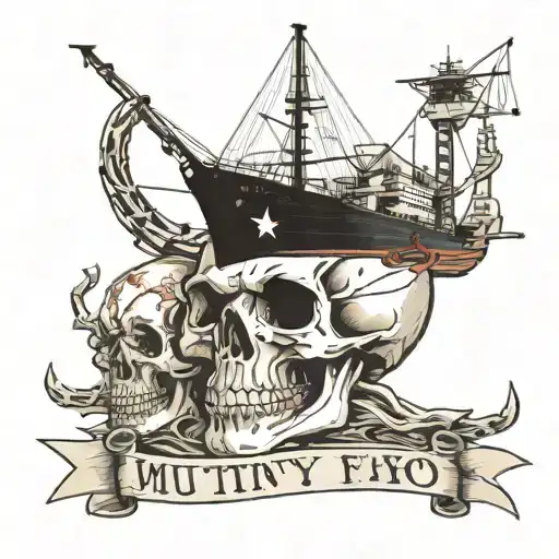 container ship with a crane and a skull and an anchor and text below that says Mutiny tattoo design idea