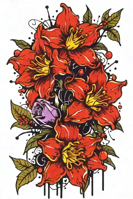 daffodil holly berry and violet bouquet tattoo design idea