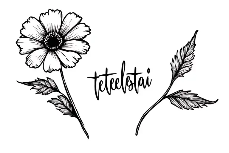 A single flower side ways with the word "tetelestai" in the middle written in cursive tattoo design idea