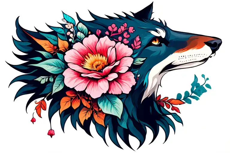 flowery wolf tattoo design idea