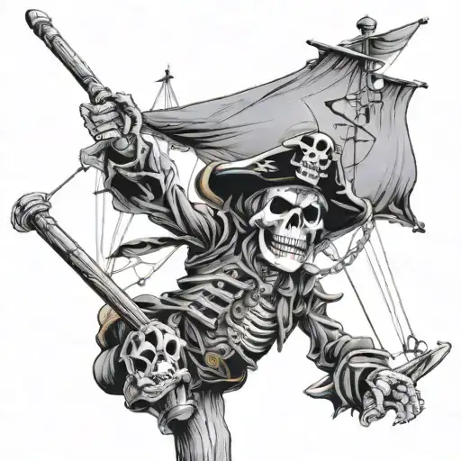 a pirate skeleton climbs the mast and reaches out to the flag at the top of the mast tattoo design idea