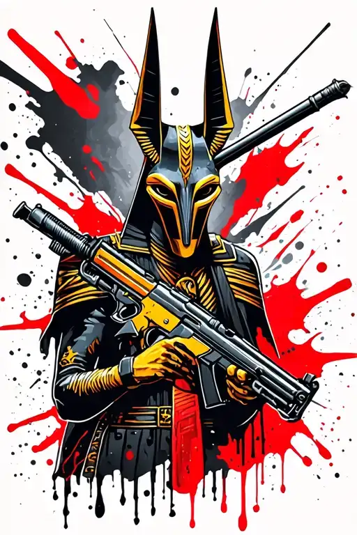 Anubis color tattoo with a Kalashnikov automaton in his hands tattoo design idea