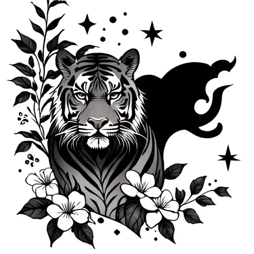 A feminine black and white tattoo featuring the Eelam Sri Lankan outline, tiger, Glory Hill, stars, and jasmine vine tattoo design idea