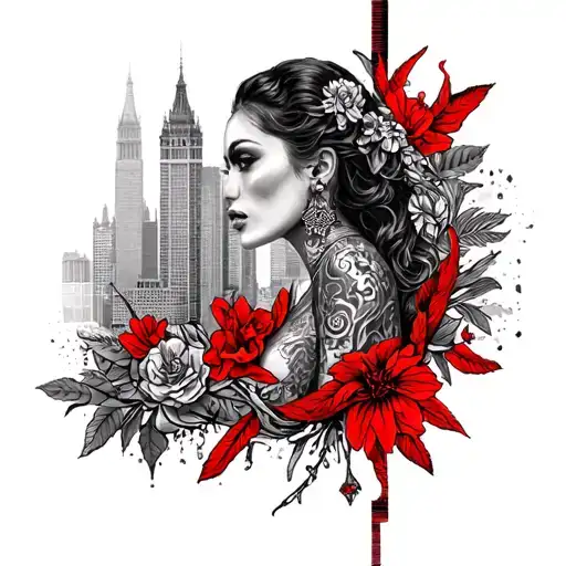 full body custom tattoo thats London and Los Angeles citys mixed with LDN x LA RP in red full drawn design tattoo design idea