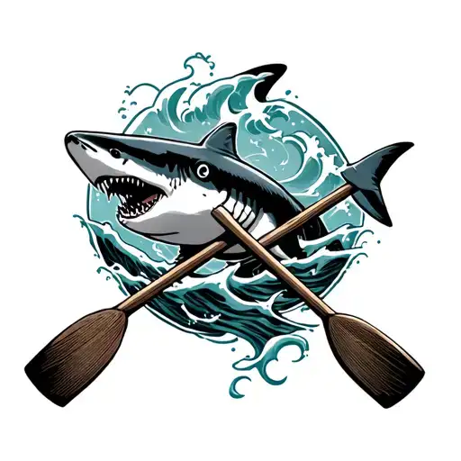 shark in front of crossed rowing oars with waves flowing tattoo design idea