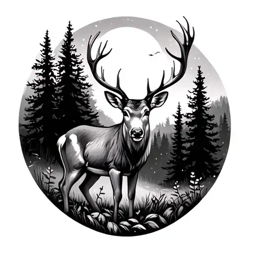 deer and forest scene tattoo design idea