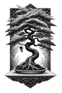 sacred geometry of healing with bonsai tree. with curled ferns, bees, and pomegranent tattoo design idea