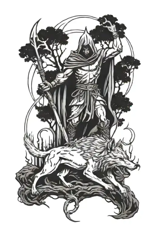 Azrael with a sickle and a wolf standing at Azrael's feet, with a forest and lightning in the background. tattoo design idea