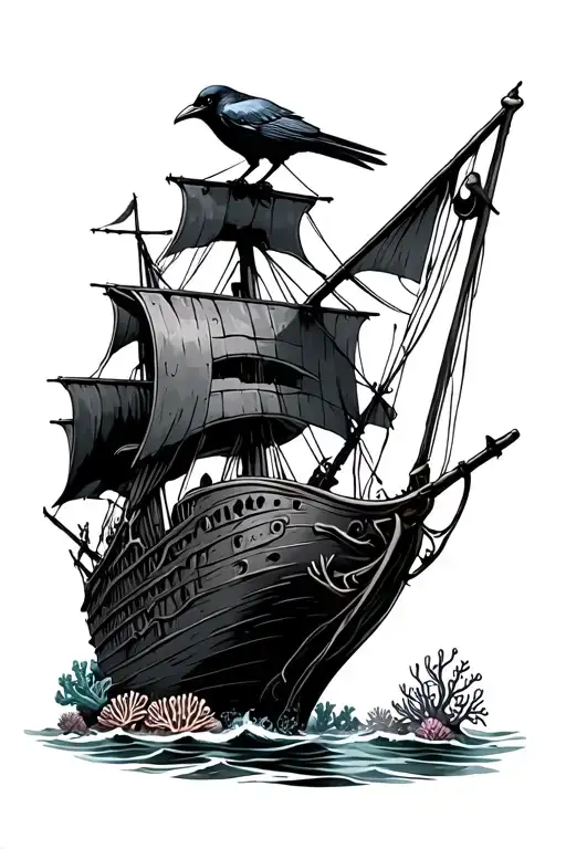 shipwreck with crow perched atop and coral reefs below  tattoo design idea