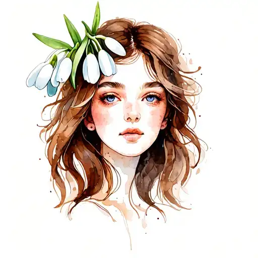 woman with brown hair and snowdrop flower on the head tattoo design idea