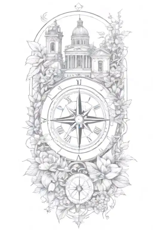 tattoo featuring roman buildings, and compass surrounded by flowers and vines tattoo design idea