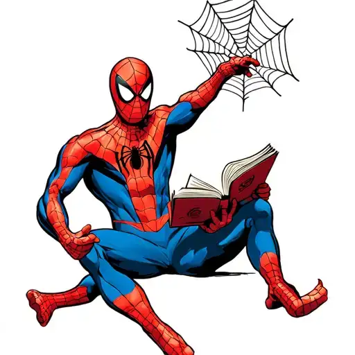 tattoo for two of cartoon Spider-Man shooting a web to the other person of a character reading a book tattoo design idea