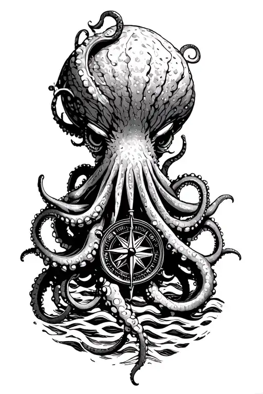 angry kracken octopus in ocean with nautical compass in middle with tentacles out wide with waves tattoo design idea