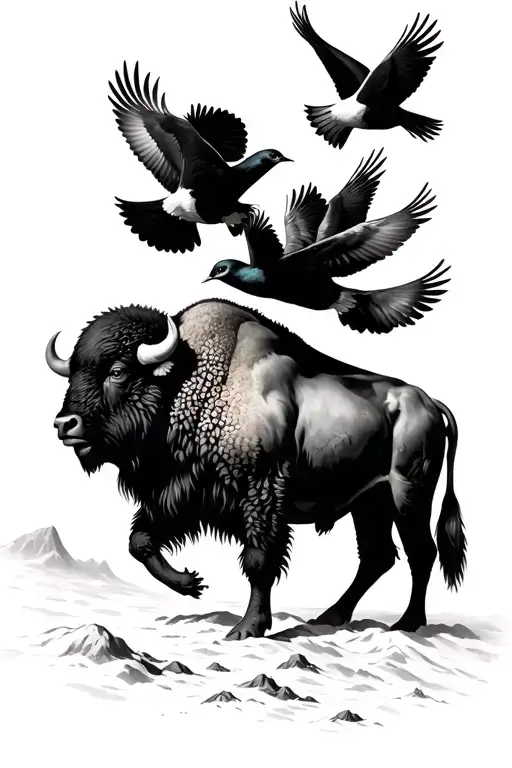 bison being carried by birds surrealism tattoo design idea