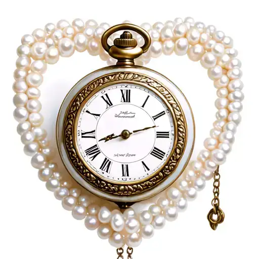 White pearl-edged heart-shaped pocket watch 0 o'clock tattoo design idea