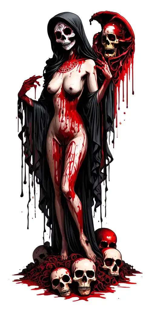 topless female grim reaper full body with a sugar skull painted face standing on a pile of bloody skulls tattoo design idea