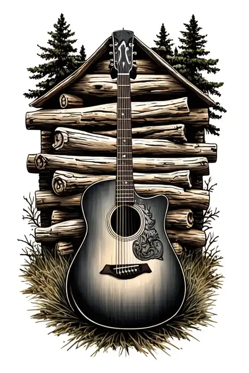 accoustic guitar surrounded by log cabin scene  tattoo design idea