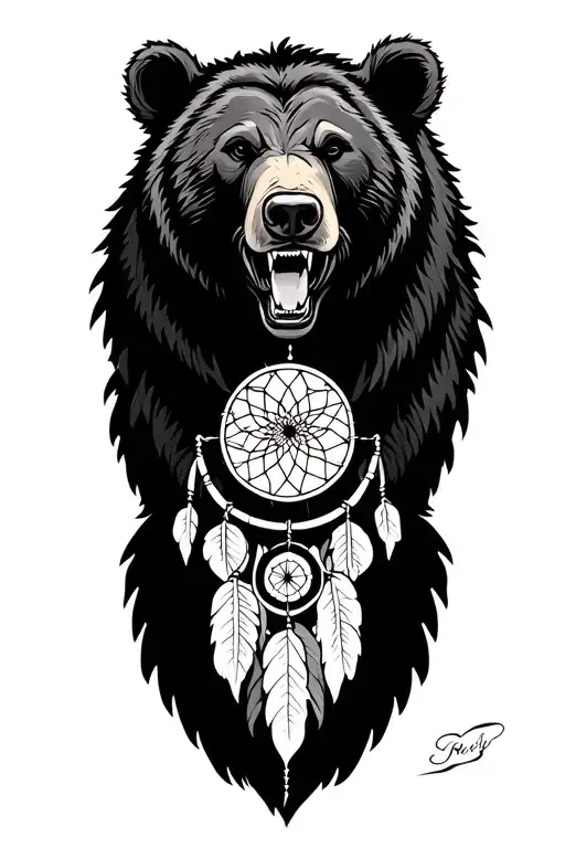 roaring bear, dream catcher, mountains, tattoo design idea