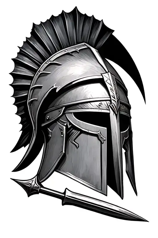 realistic spartan helmet with a spear piercing it from below tattoo design idea