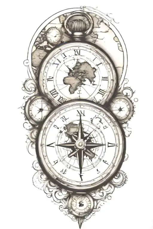 compass and pocket watch over world map outline tattoo tattoo design idea