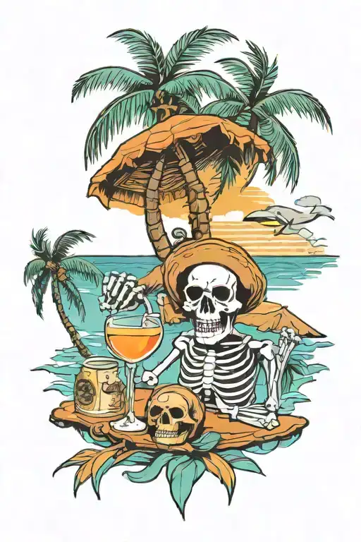 sea with beach and skeleton drinking rum sitting next to the palm tree and above is colorfur sky tattoo design idea