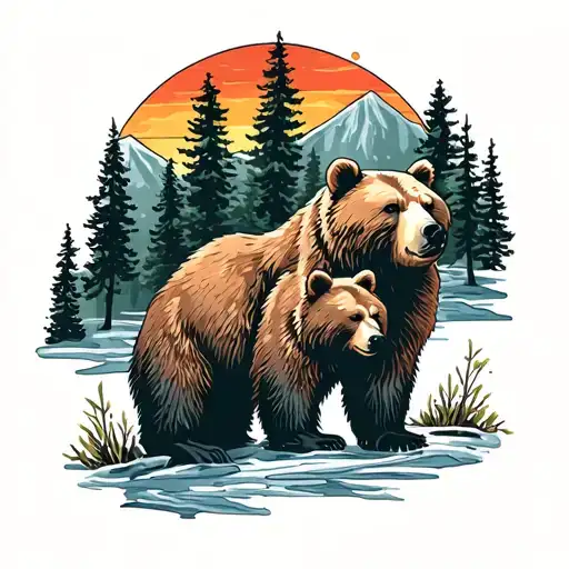 mother bear and cub, pine trees colors sunset tattoo design idea