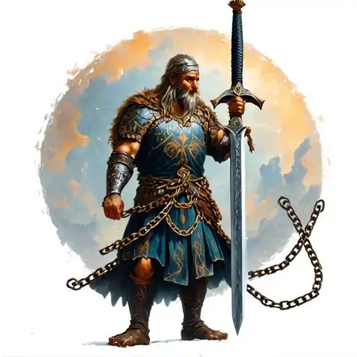 pictish warrior holding sword wearing iron chains tattoo design idea