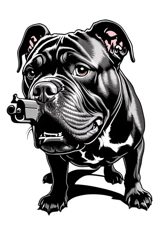 cane corso dog with gun in mouth black and white tattoo design idea