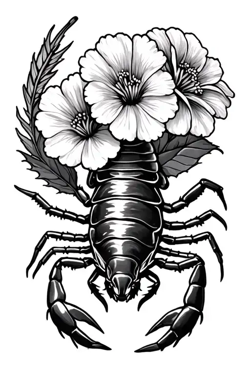 scorpian and geranium flowers tattoo design idea