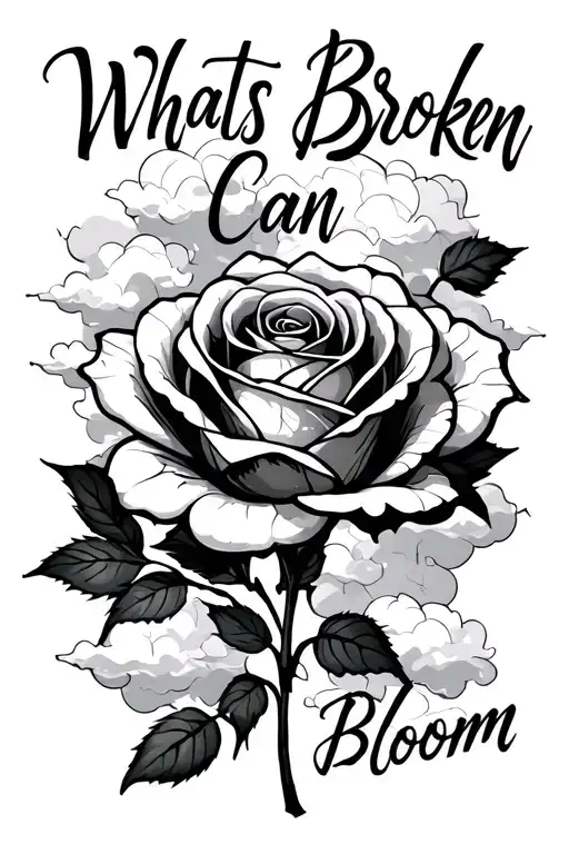 rose flower with clouds and cracked like objects with the quote What’s Broken Can Bloom tattoo design idea