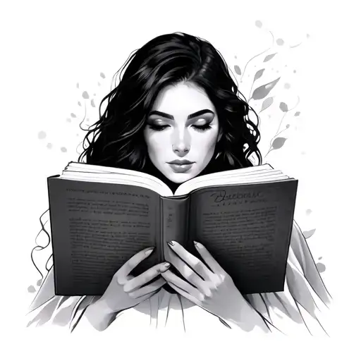 realistic woman dark hair reading a book open head tilt sideway tattoo design idea