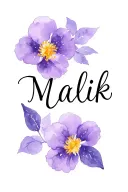 Fine line name " Malik" written in cursive with a violet and a primrose tattoo design idea