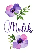 Fine line name " Malik" written in cursive with a violet and a primrose tattoo design idea