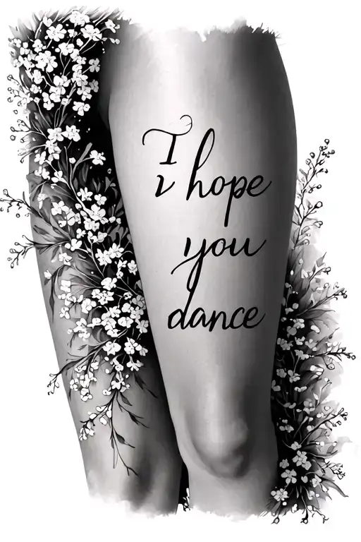 " i hope you dance" curved loose script text with baby's breath flowers curved on the upper right side of my right knee  tattoo design idea