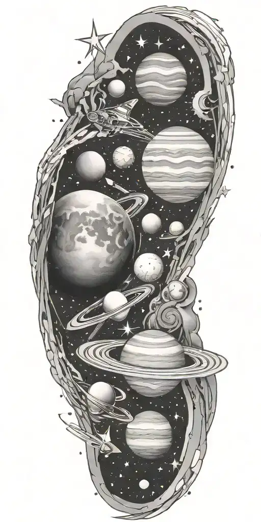 space tattoo with planets and stars shining tattoo design idea