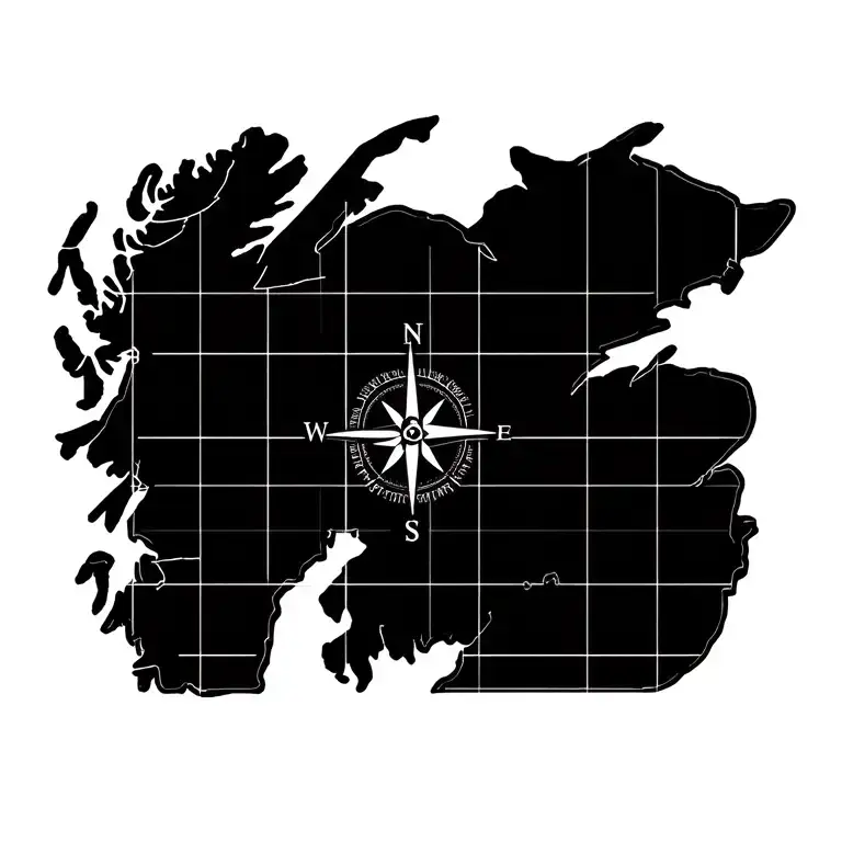 map outline of scotland with gridlines on top and a compass with north east south west tattoo design idea