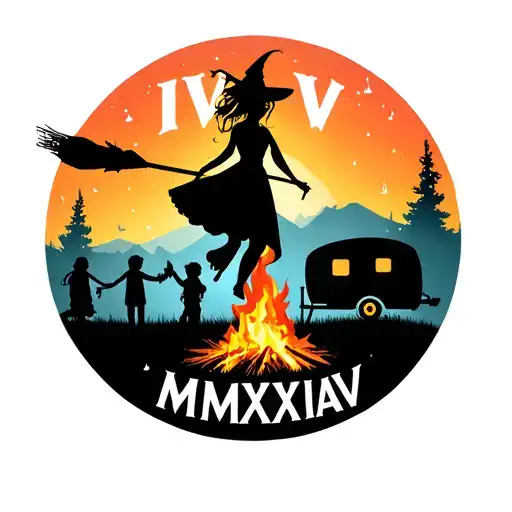 "IV V MMXIV" silhouette of busty sexy witch bride on broomstick over a campsite with a trailer and campfire with children & dog tattoo design idea