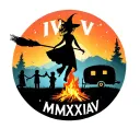 "IV V MMXIV" silhouette of busty sexy witch bride on broomstick over a campsite with a trailer and campfire with children & dog tattoo design idea