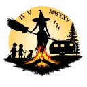 "IV V MMXIV" silhouette of busty sexy witch bride on broomstick over a campsite with a trailer and campfire with children & dog tattoo design idea