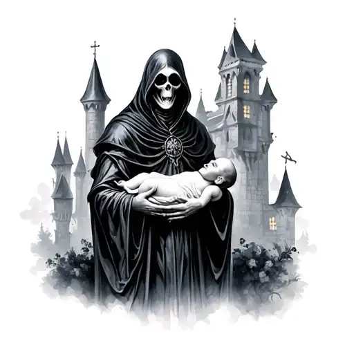 gothic castle with grim reaper holding newborn baby tattoo design idea
