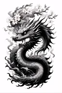 Chinese dragon coming out of smoke with cherry blossom in the background for man  tattoo design idea